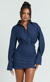 Elliot Mini Dress - Long Sleeve Pinstripe Shirt Dress in Navy Stripe