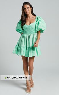 Rhiza Mini Dress - Sweetheart Puff Sleeve Flare Dress in Mint