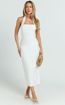 Darcy Midi Dress - Halter Fitted Side Split Dress in White