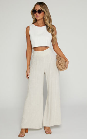 Alina Pants - Linen Look High Waisted Wide Leg Relaxed Pants in Natural
