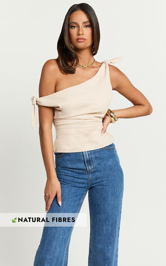 Ivy Top - Linen Look Off Shoulder Tie Top in Oatmeal