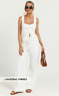 Hamilton Linen Blend Pants - Straight Elasticated Mid Waist Pants in White