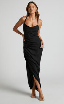 Khari Midi Dress - Strappy Back Ruched Slip Dress in Black