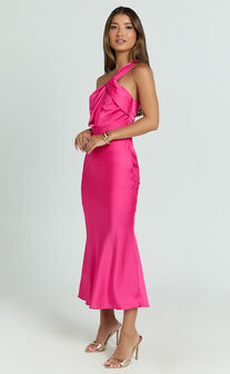 Carmella Midi Dress - One Shoulder Twist Detail Dress in Fuchsia