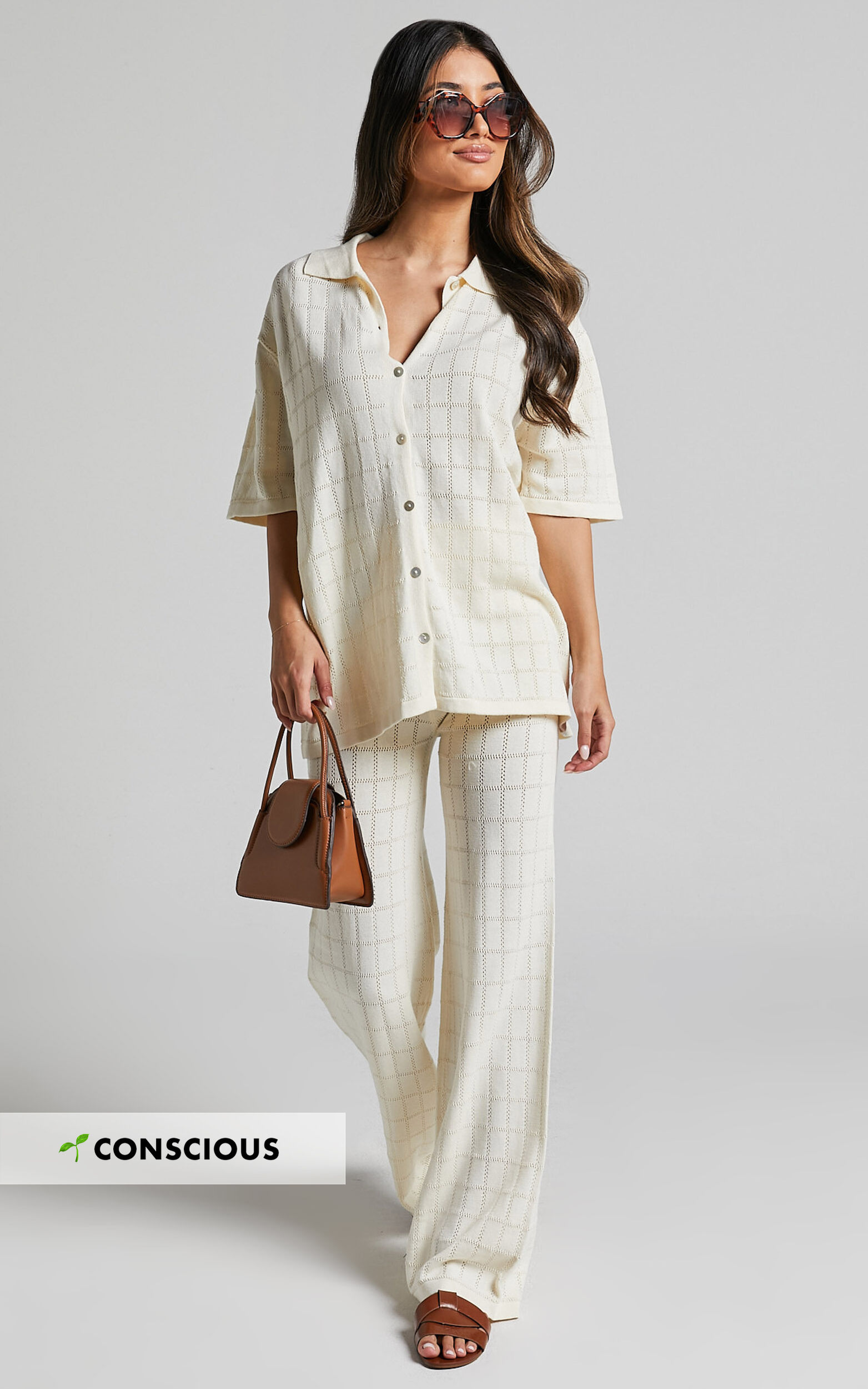 Tommy Two Piece Set - Knit Button Through Top and Pants Two Piece Set in Cream - 04, CRE1