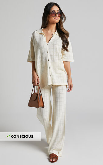 Tommy Two Piece Set - Knit Button Through Top and Pants Two Piece Set in Cream