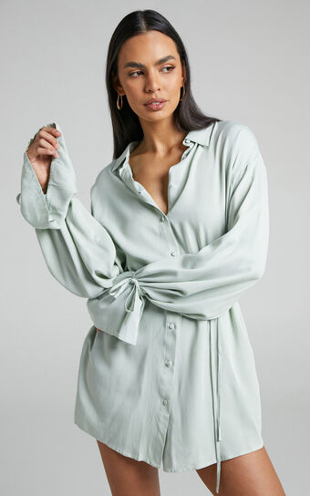 Wynter Mini Dress - Waist Tie Shirt Dress in Sage