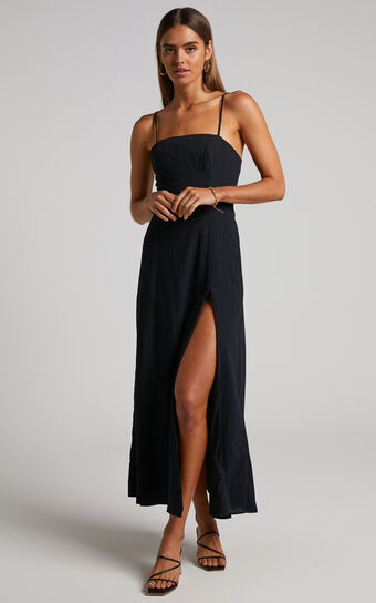 Marsha Midi Linen Blend Dress - High Split Slip Dress in Black