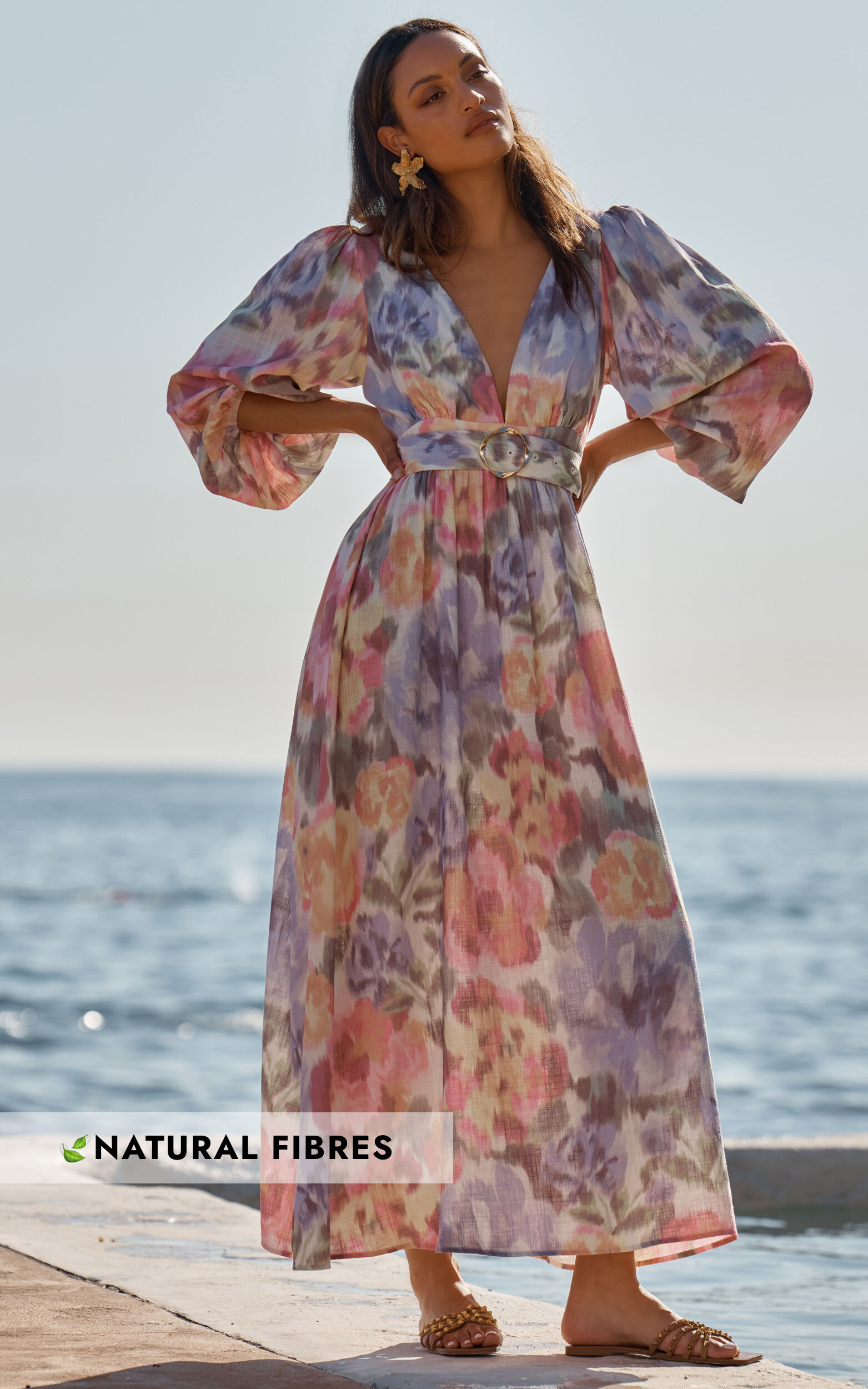 Amalie The Label - Lily Linen Blend V Neck Long Puff Sleeve Tie Back Maxi Dress in Montreuil Print - 06, PRP1