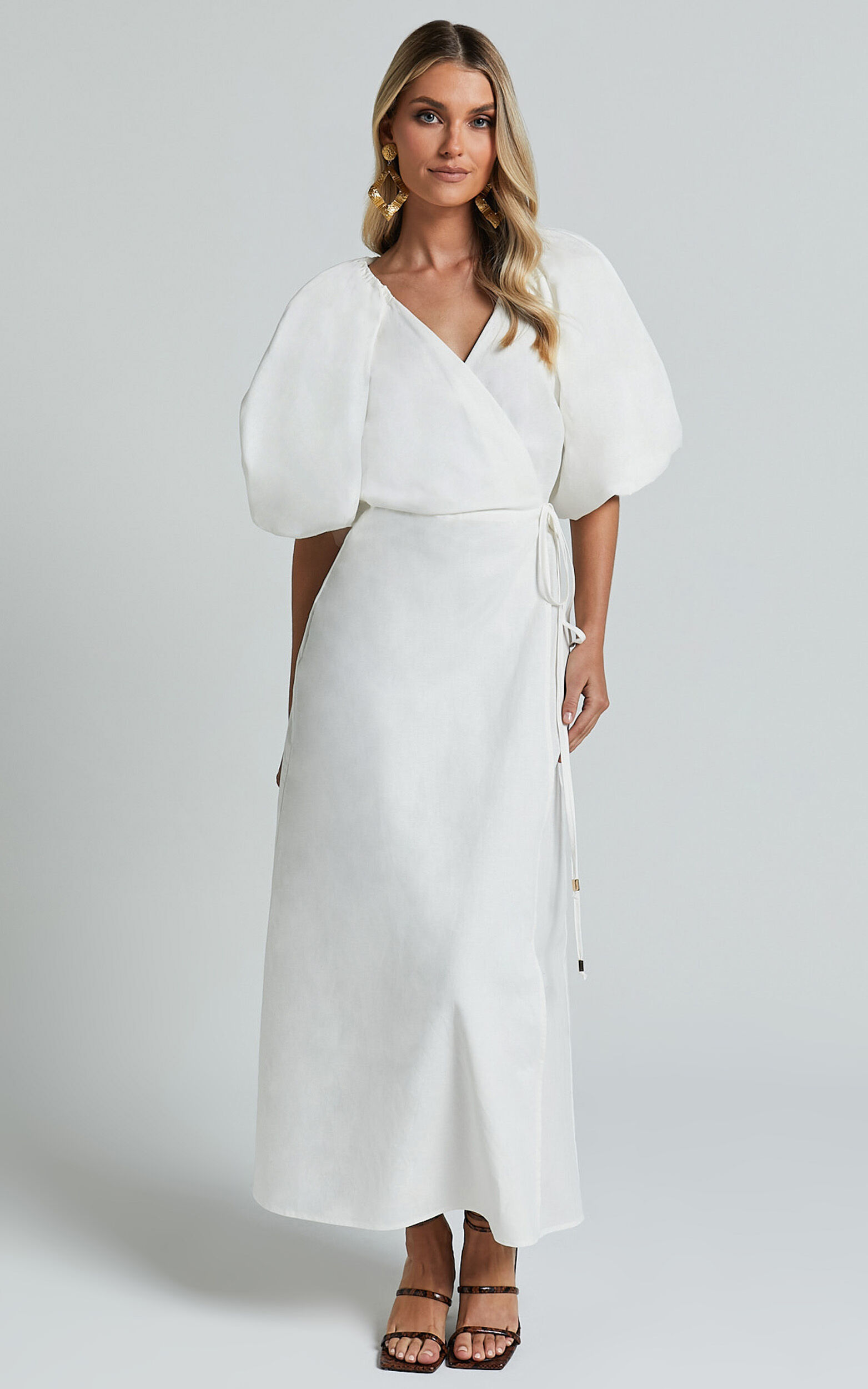 Amalie The Label - Santana Linen Blend Puff Sleeve Wrap Midi Dress in ...