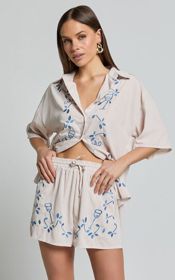 Britta Two Piece Set - Button Up Shirt & Short Set in Blue Print