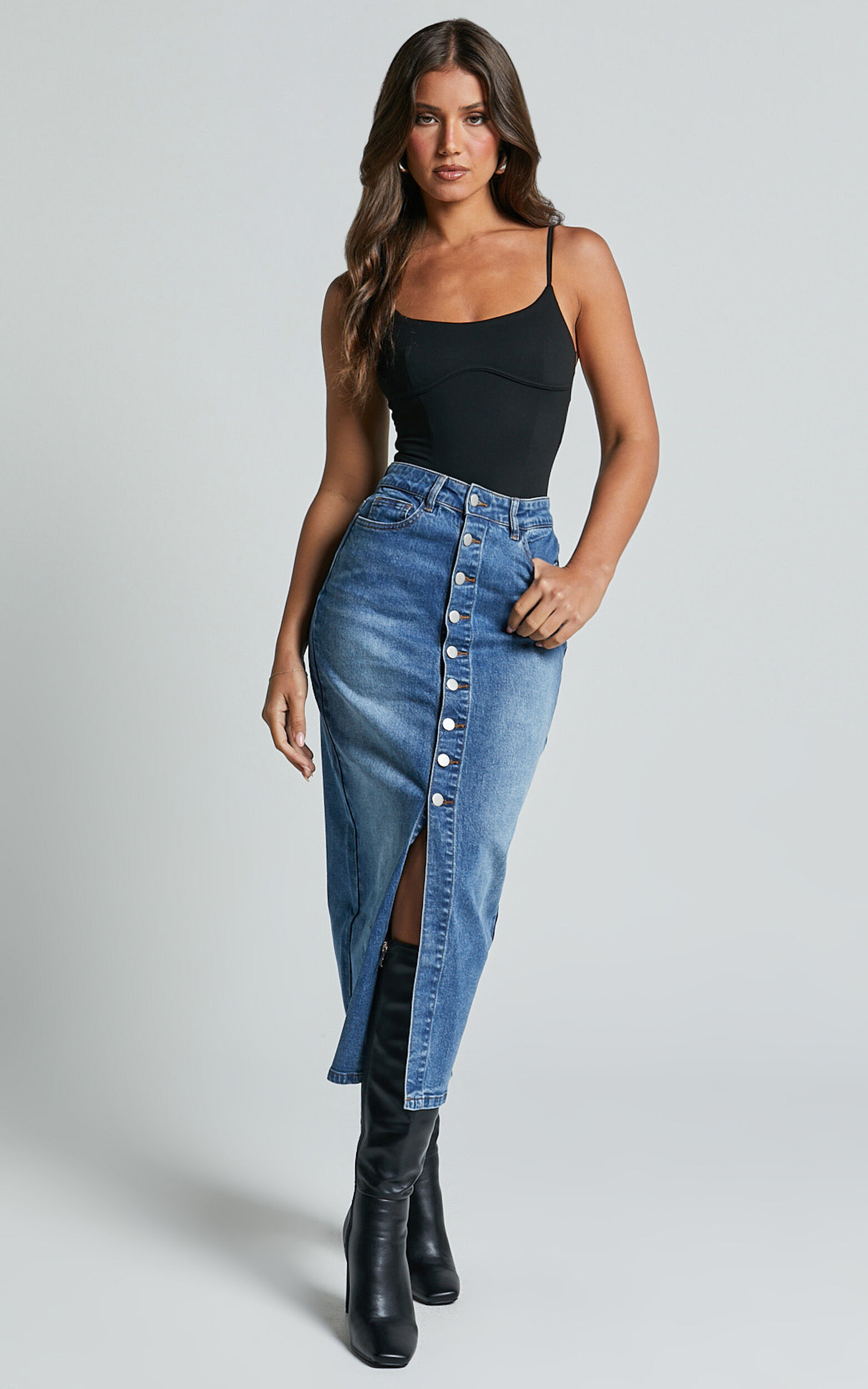 Tina Midi Skirt High Waist Button Through Recycled Denim Skirt in Mid Blue Wash Showpo