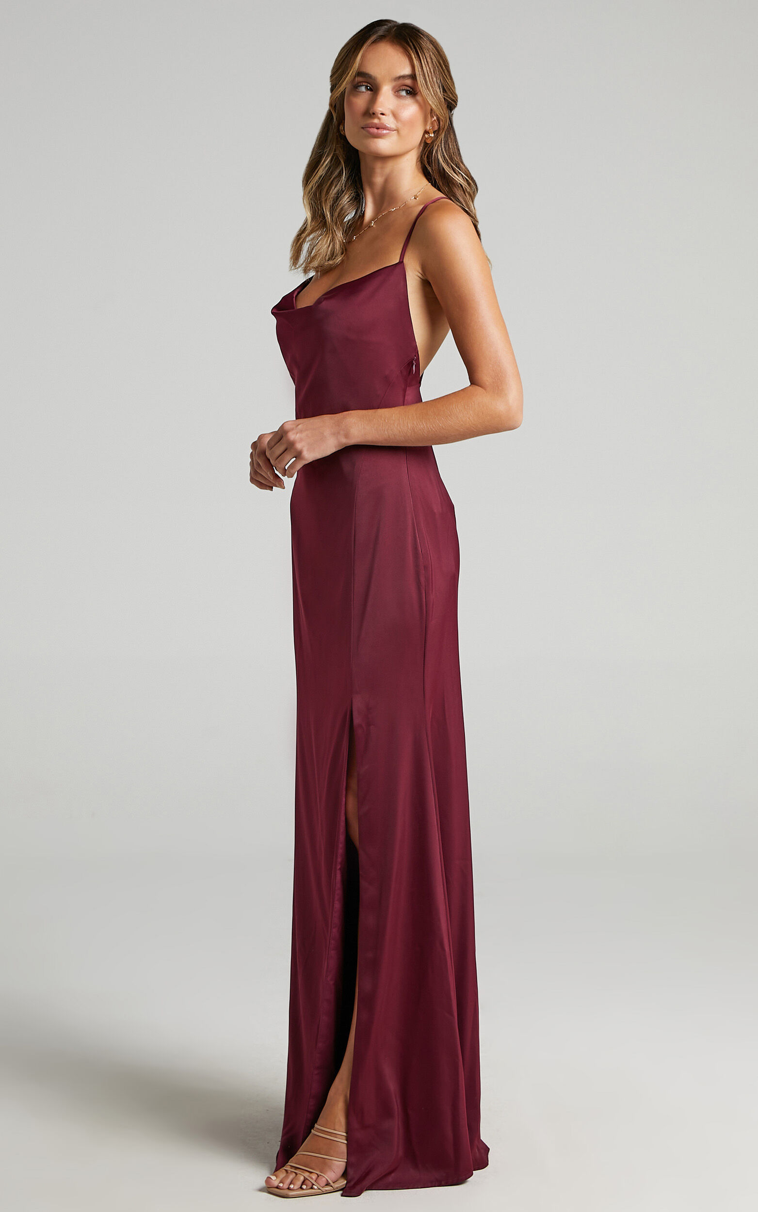 A Final Toast Midi Dress - Cowl Neck Thigh Split Dress in Mulberry ...