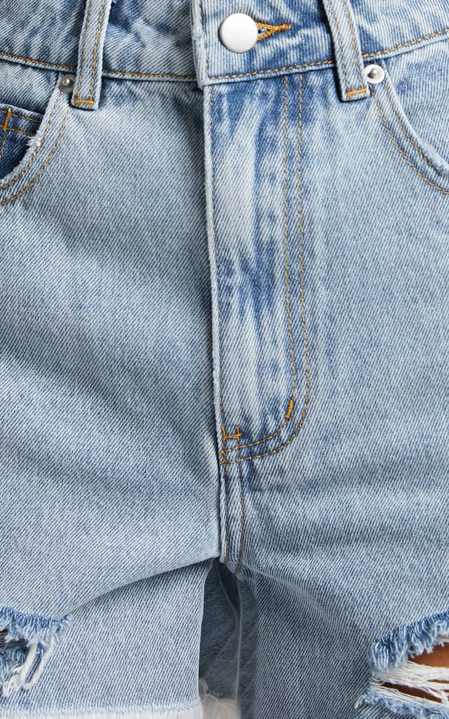 Mindae Shorts Recycled Cotton Ripped Denim Shorts in Mid Blue