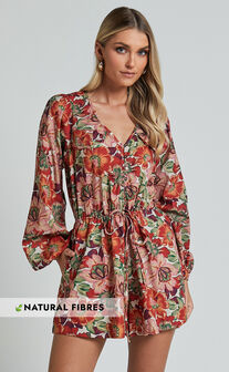 Amalie The Label - Soliel Linen Blend Long Bishop Sleeve Playsuit in Musee Print