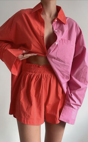 Roewe Shirt - Colour Block Oversized Button Up Shirt in Oxy Fire & Pink