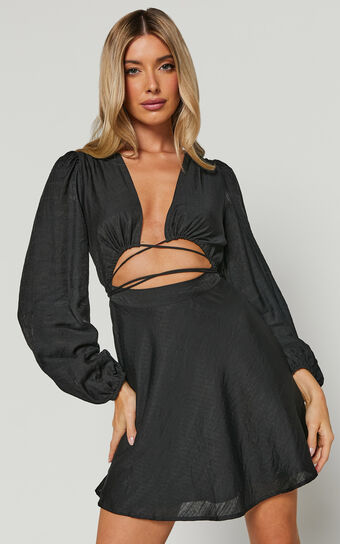 Beatrice Mini Dress  Front Cut Out Tie Waist Long Sleeve Plunge