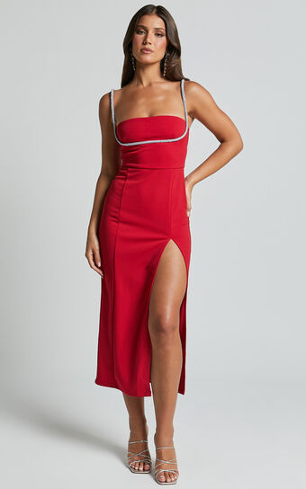 Sharley Midi Dress - Diamante Detail Pencil Dress in Red