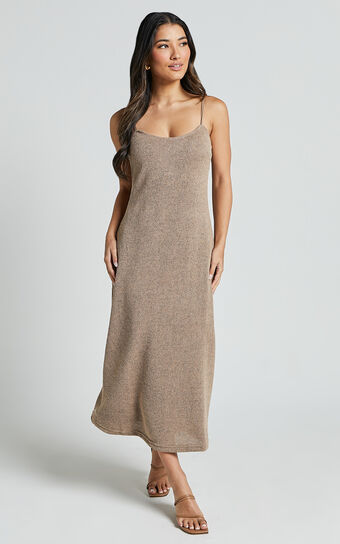 Jessie Midi Dress - Knitted Strappy Scoop Neck Slip Dress in Mushroom
