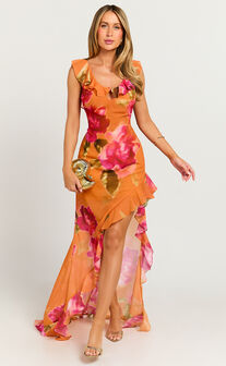Theadore Maxi Dress - One Shoulder Asymmetric Hem Dress in Tropical Sunset