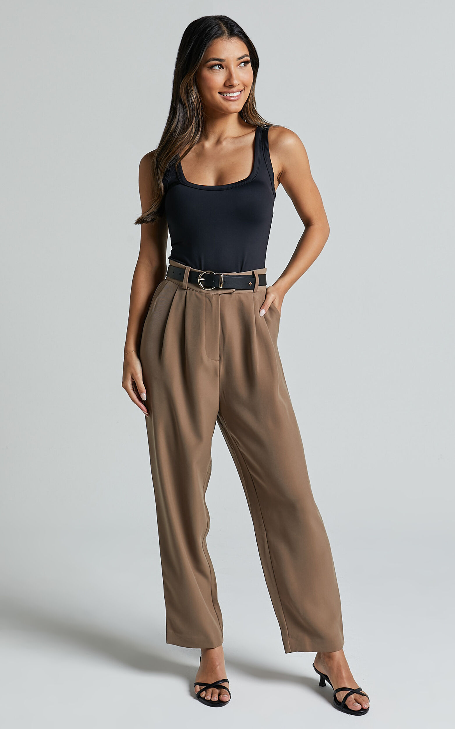 Delailah Pants - Tailored High Waisted Pleat Front Tapered Leg in Cappuccino - 06, BRN1