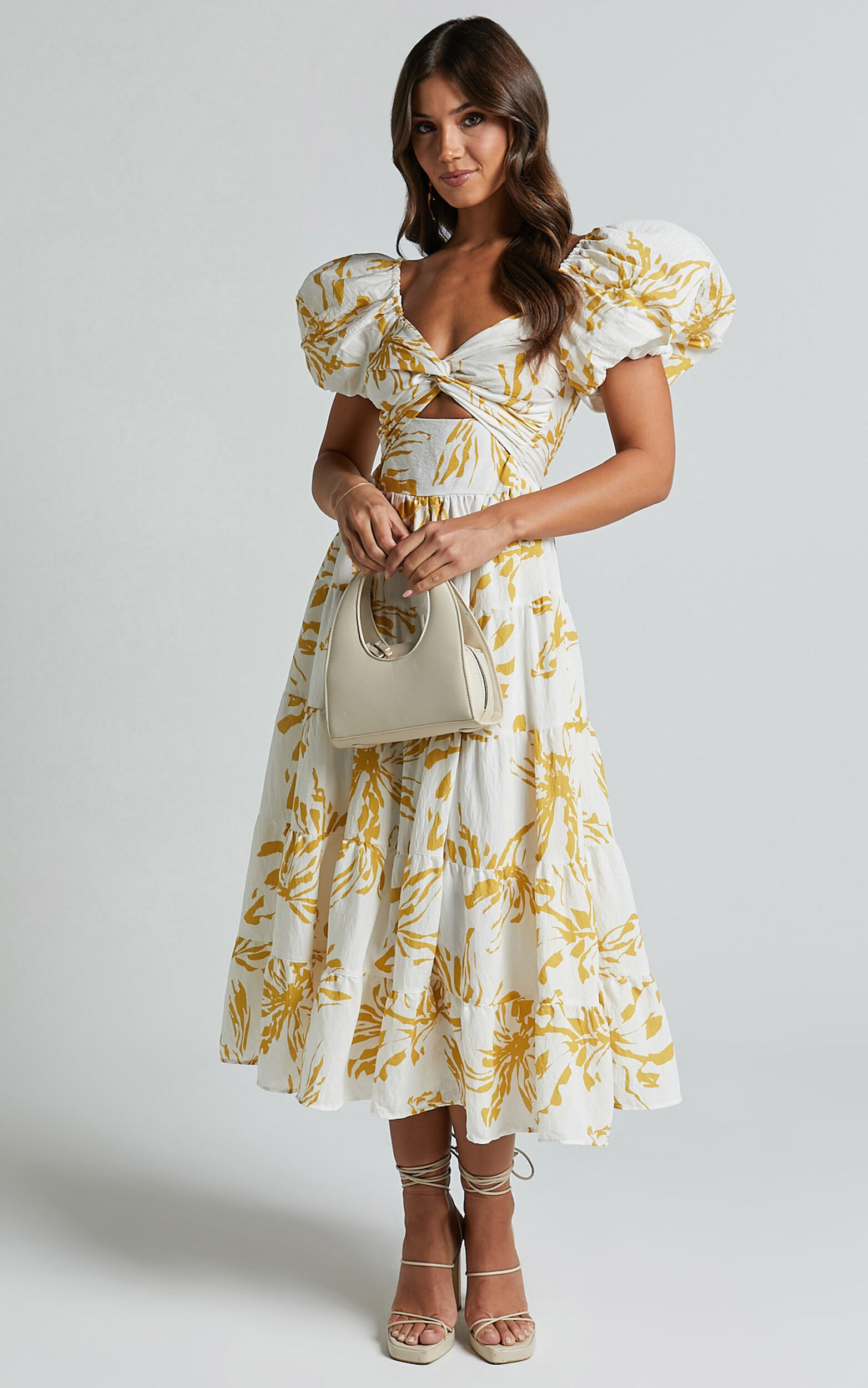 Jamaella Midi Dress - Short Puff Sleeve Front Cut Out Dress in White Floral - 06, WHT1
