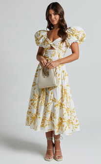 Jamaella Midi Dress - Short Puff Sleeve Front Cut Out Dress in White Floral