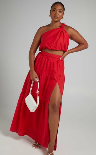 Aerilyn Two Piece Set - One Shoulder Crop Top and Midi Skirt Set in Red
