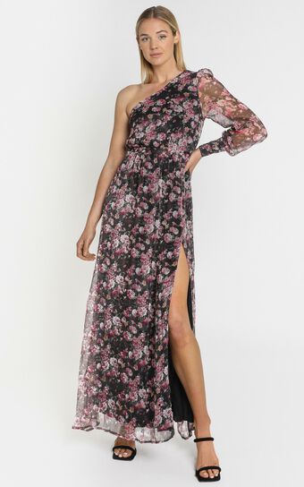 Leona One Shoulder Maxi Dress In romantic black floral