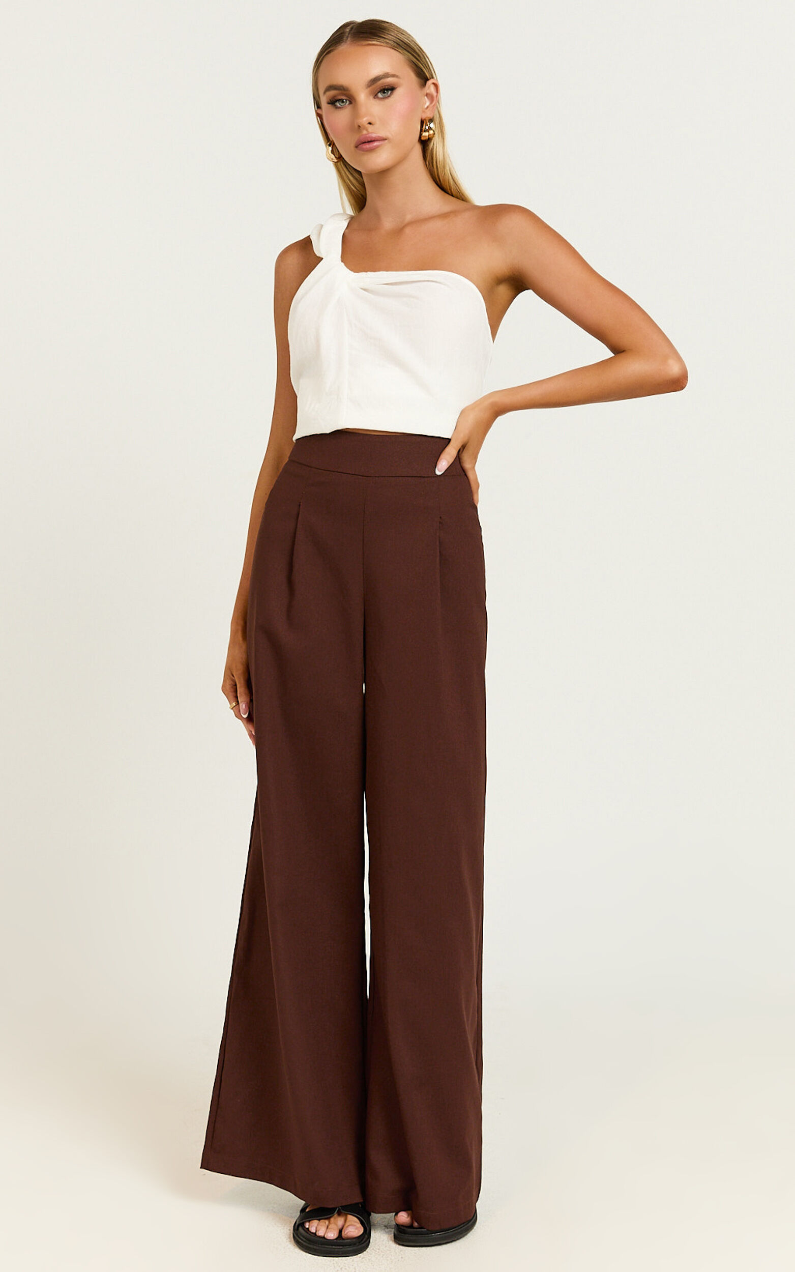 Alina Pants - Linen High Waisted Wide Leg Relaxed Pants in Chocolate - 04, BRN3