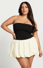 Harley Mini Dress - Strapless Drop Waist Bubble Hem Contrast Dress in White/Black | Showpo NZ