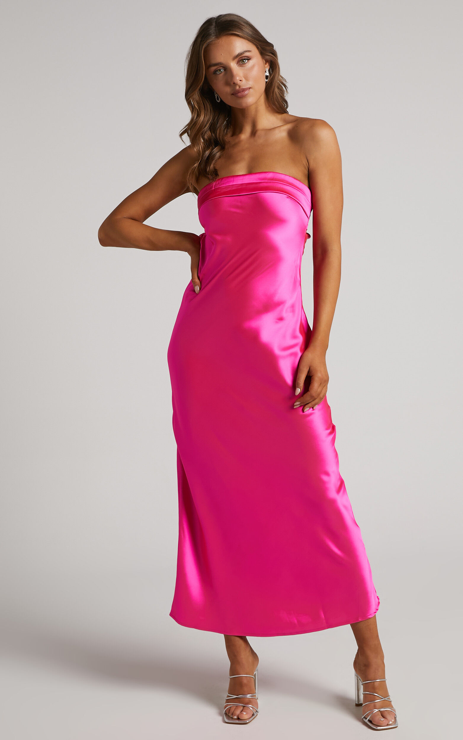 Tracey Maxi Dress - Strapless Back Drape Satin Dress in Pink | Showpo