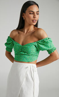 Feliza Top - Ruched Sweetheart Bust Puff Sleeve Crop Top in Green Floral