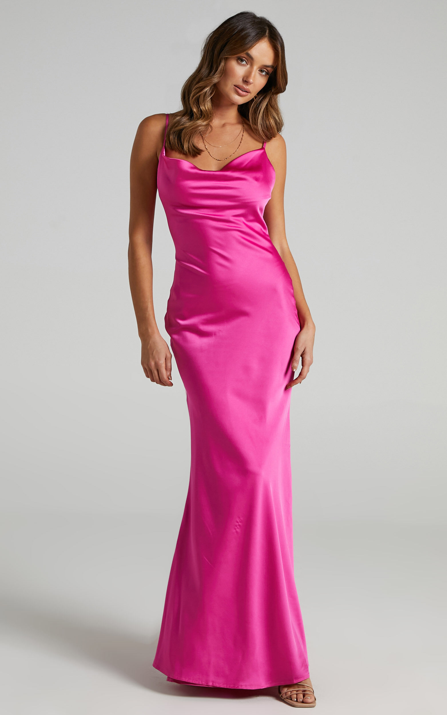Lunaria Maxi Dress Cowl Mermaid Slip Dress in Hot Pink Satin