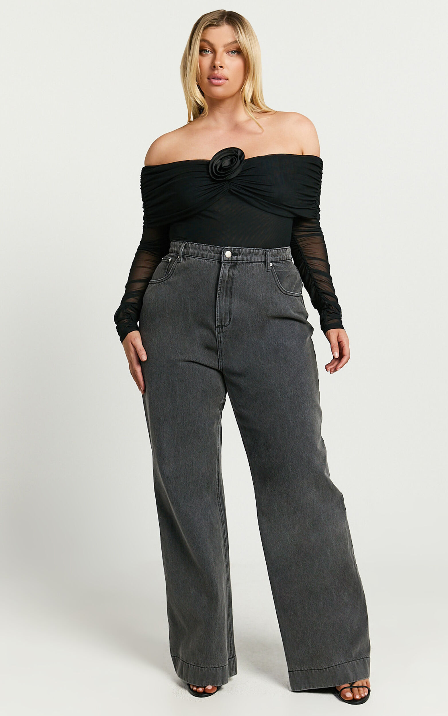 Seraphina Bodysuit - Off Shoulder Long Sleeve Detachable Rosette Mesh ...