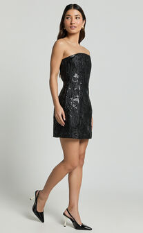 Willa Mini Dress - Jacquard Strapless Corset Dress in Black