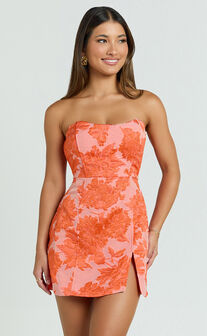 Brailey Mini Dress - Strapless Dress in Orange Jacquard
