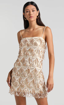 Shook Mini Dress - Cami Sequin Fringe Dress in Champagne Sequin