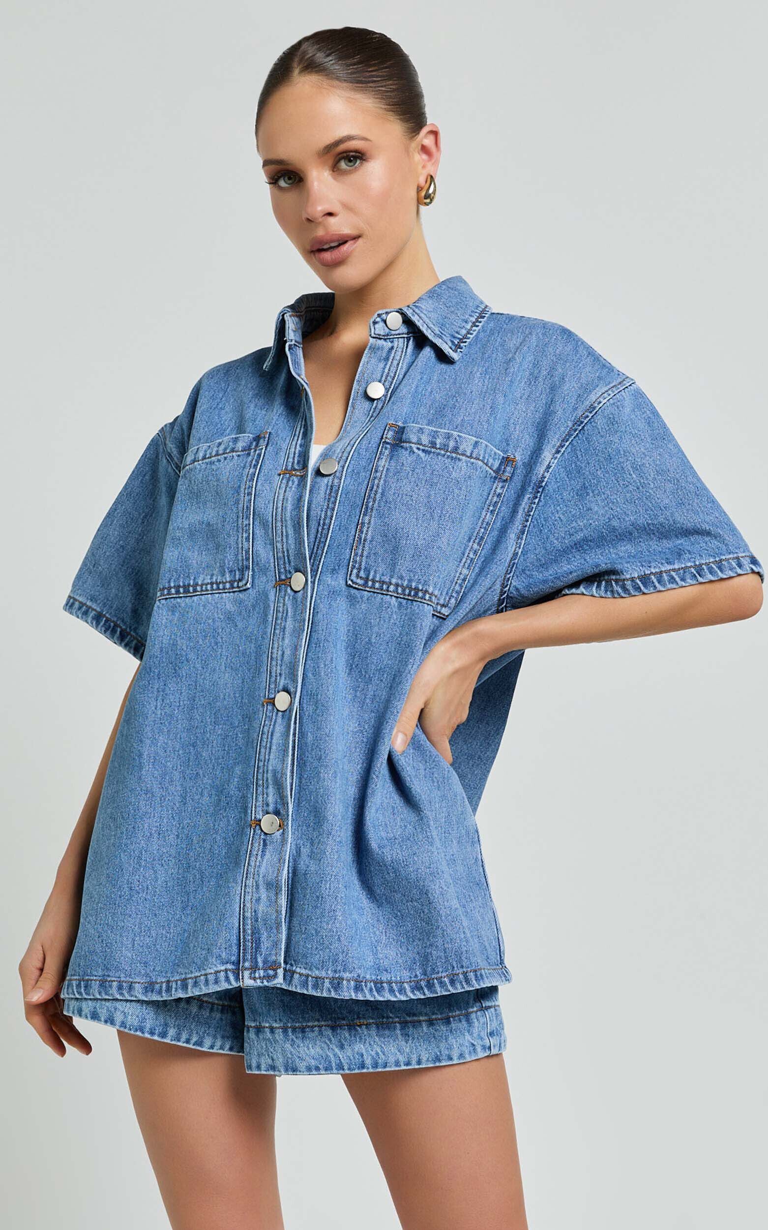 Short sleeve denim shirt womens cheap