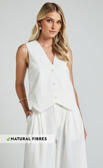 Kiraye Top - Linen Look Button Through Vest in Off White