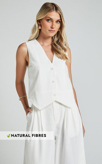 Kiraye Top  Linen Look Button Through Vest in Off White Showpo