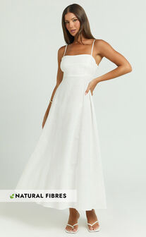 Brette Midi Dress - Linen Straight Neck Strappy Fit And Flare Dress in White