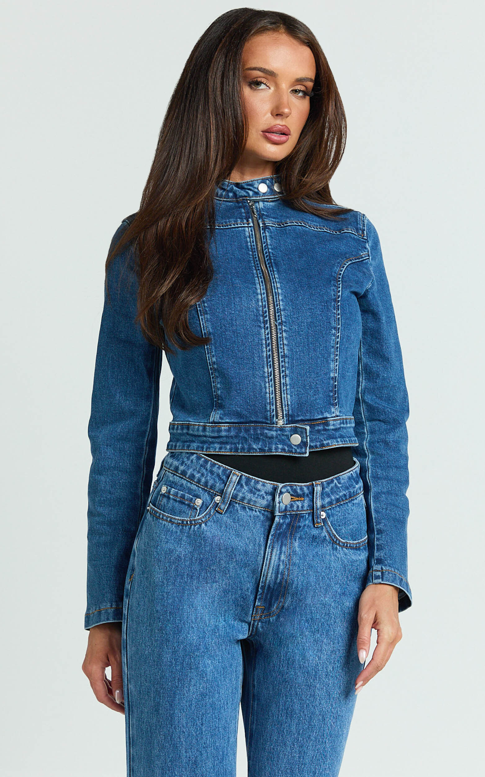 Pamela Jacket - Denim Biker Detail Long Sleeve Jacket in Dark Blue Wash - 04, BLU1
