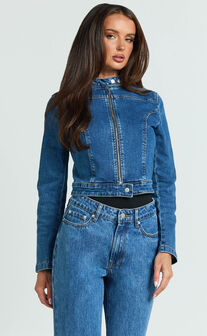 Pamela Jacket - Denim Biker Detail Long Sleeve Jacket in Dark Blue Wash