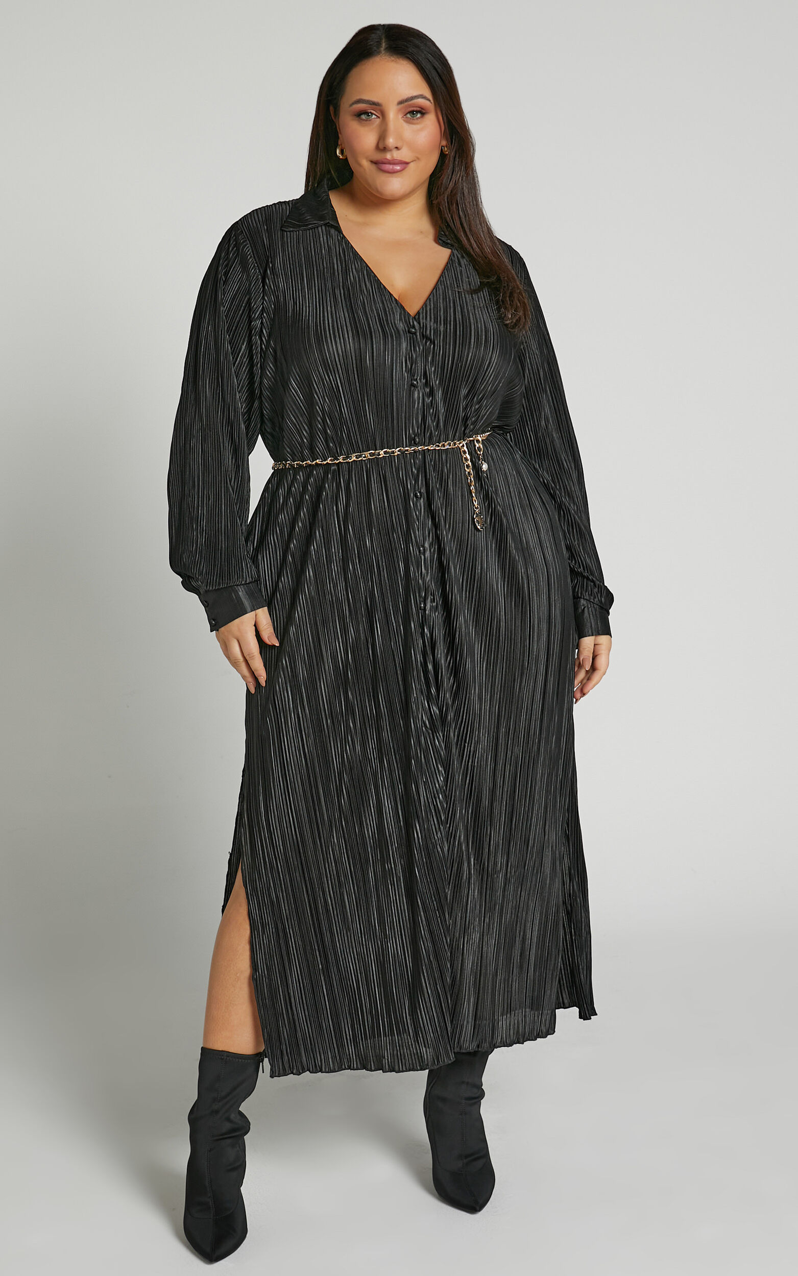 Donelli Midi Dress - Plisse Oversized Collared Shirt Dress in Black ...