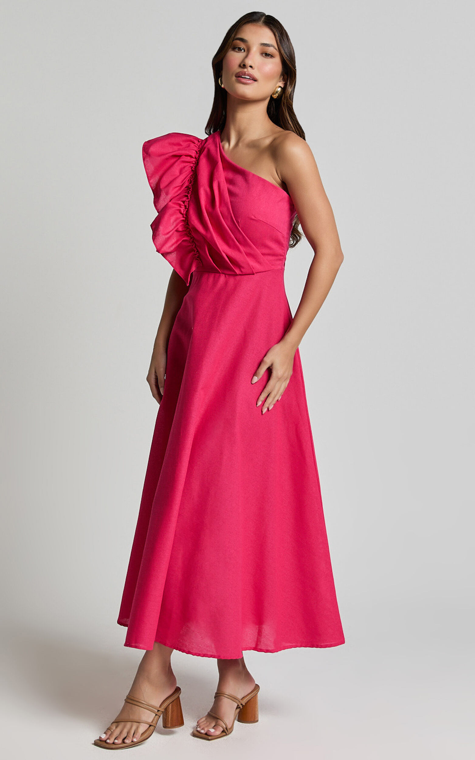 Dixie Midi Dress - Linen Look One Shoulder Ruffle Dress in Raspberry | Showpo USA