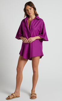 Ankana Playsuit - Short Sleeve Relaxed Button Front Playsuit in Magenta