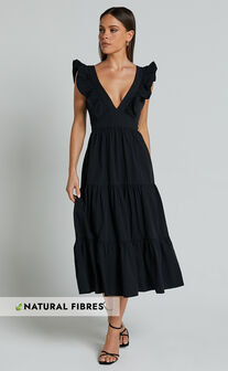 Levona Midi Dress - Ruffle Shoulder Tiered Dress in Black