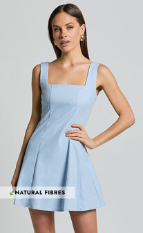 Adiana Mini Dress - Linen Square Neck Shirred Back A Line Dress in Pale Blue