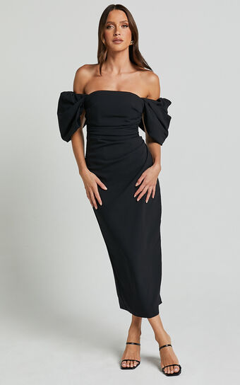 Lohan Midi Dress - Off Shoulder Puff Sleeve in Black